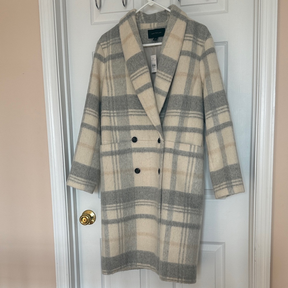 Ann Taylor Beige and Gray Checkered Pea Coat